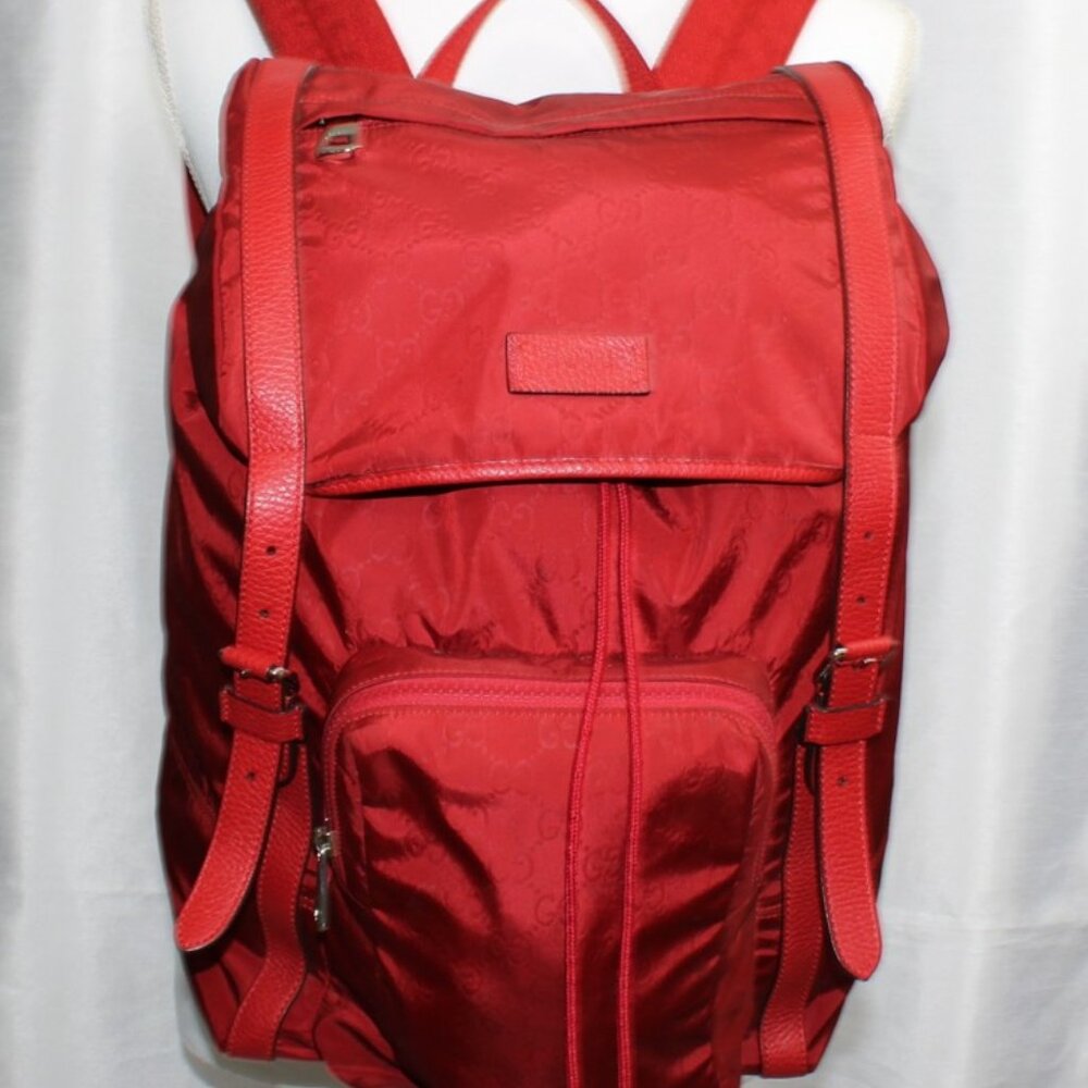 Gucci Red GG Nylon Backpack Leather Trim Authentic Designer Bag - Picture 3 of 16